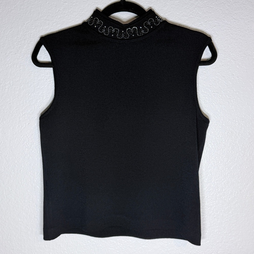 St John Evening Marie Gray Black Rhinestone Mock Neck Sleeveless Knit Top S